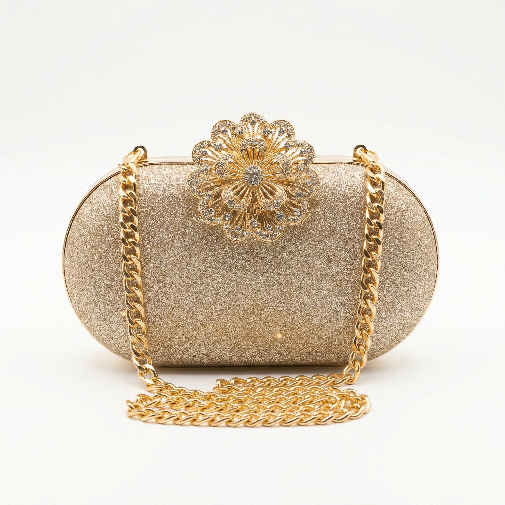 Gold Glitter Oval Clutch Purse for Women — Flower Medallion Rhinestone Evening Bag