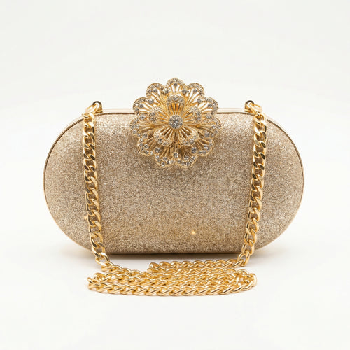 Gold Glitter Oval Clutch Purse for Women — Flower Medallion Rhinestone Evening Bag