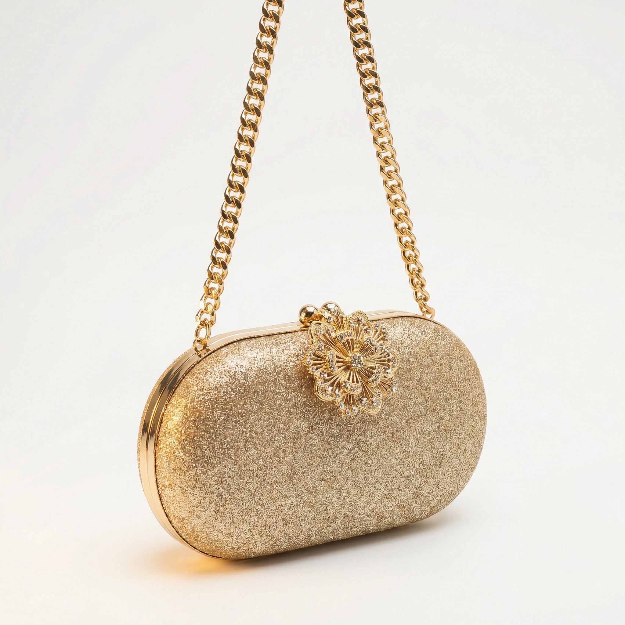 Gold Glitter Oval Clutch Purse for Women — Flower Medallion Rhinestone Evening Bag