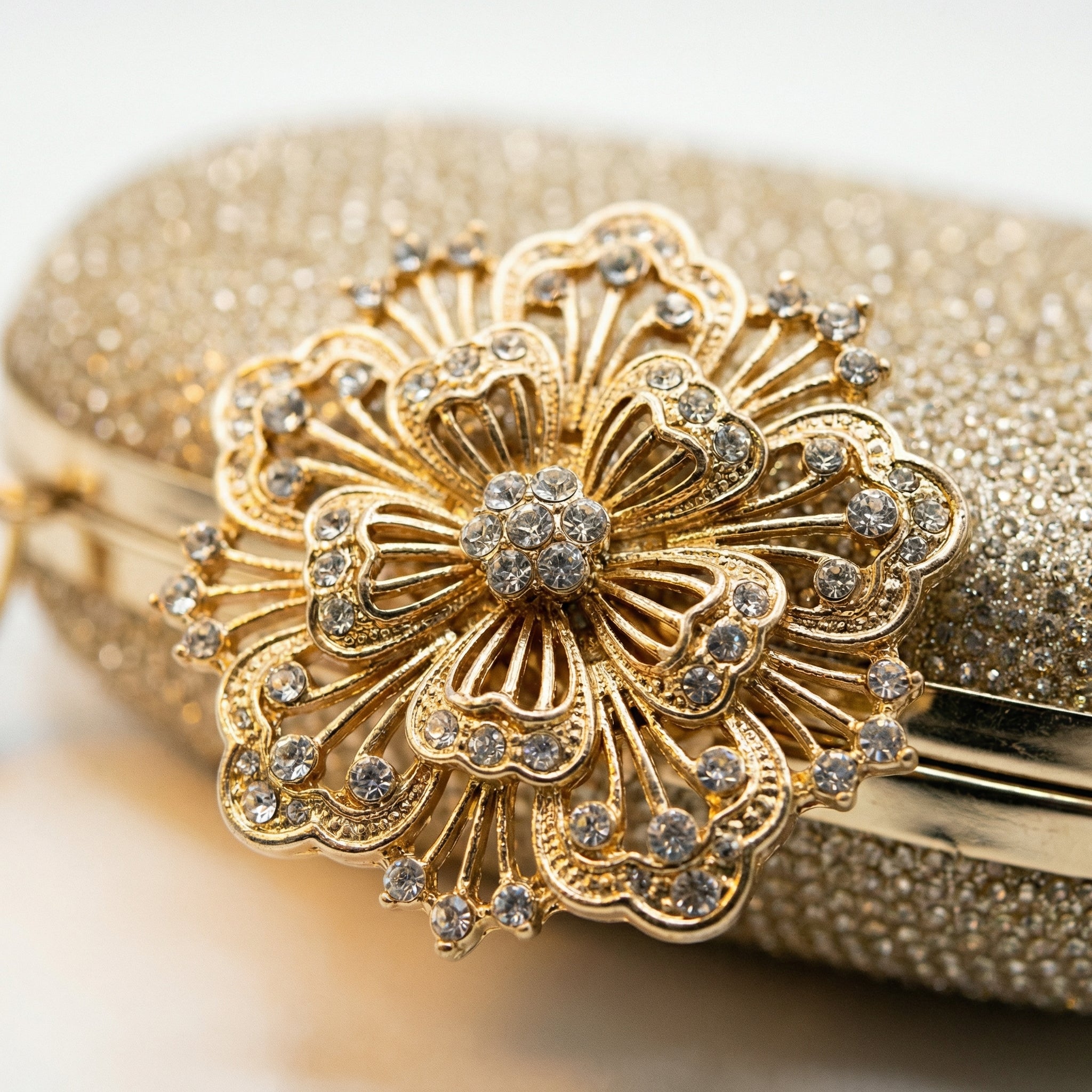 Gold Glitter Oval Clutch Purse for Women — Flower Medallion Rhinestone Evening Bag