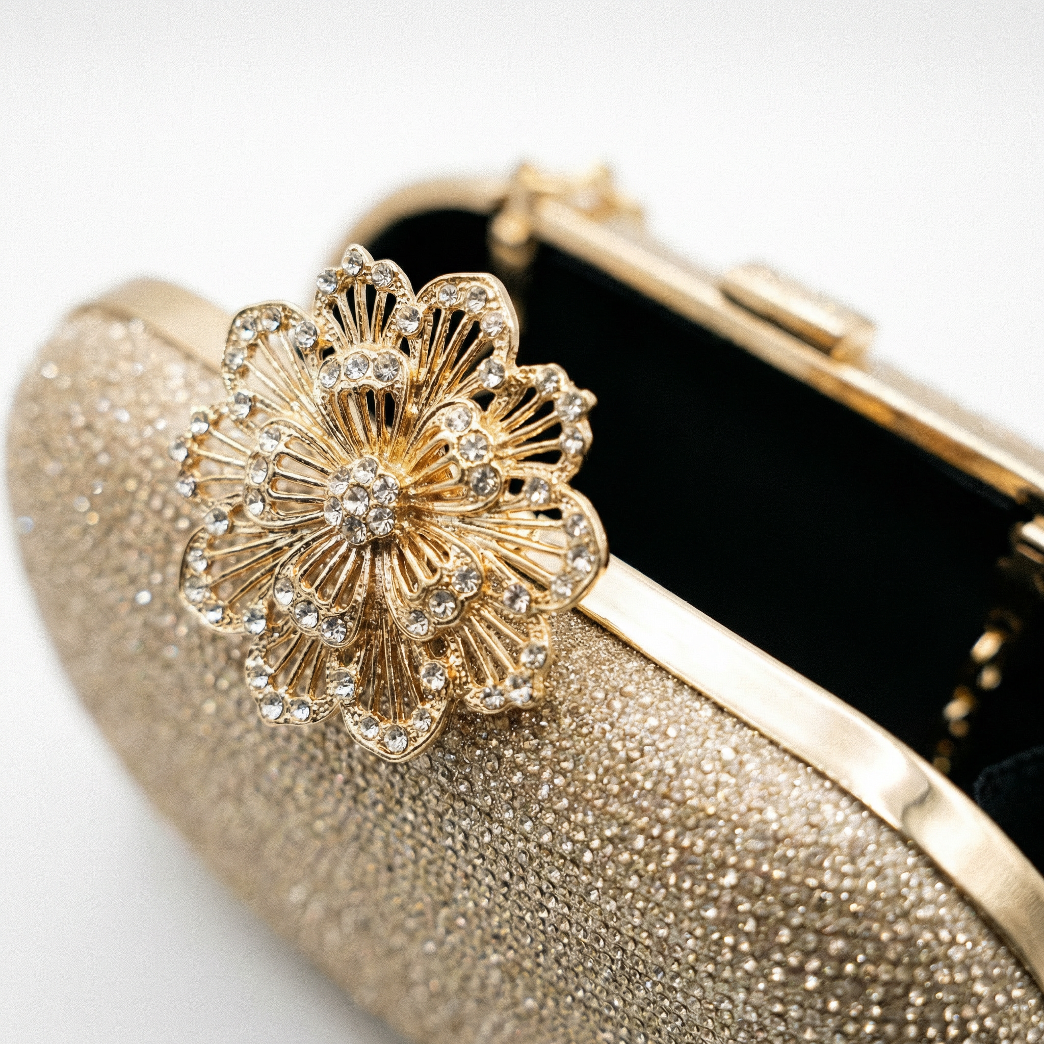 Gold Glitter Oval Clutch Purse for Women — Flower Medallion Rhinestone Evening Bag