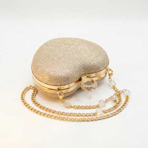 Gold Glitter Heart Shaped Clutch Purse for Women — Evening Bag with Crystal Chain Strap