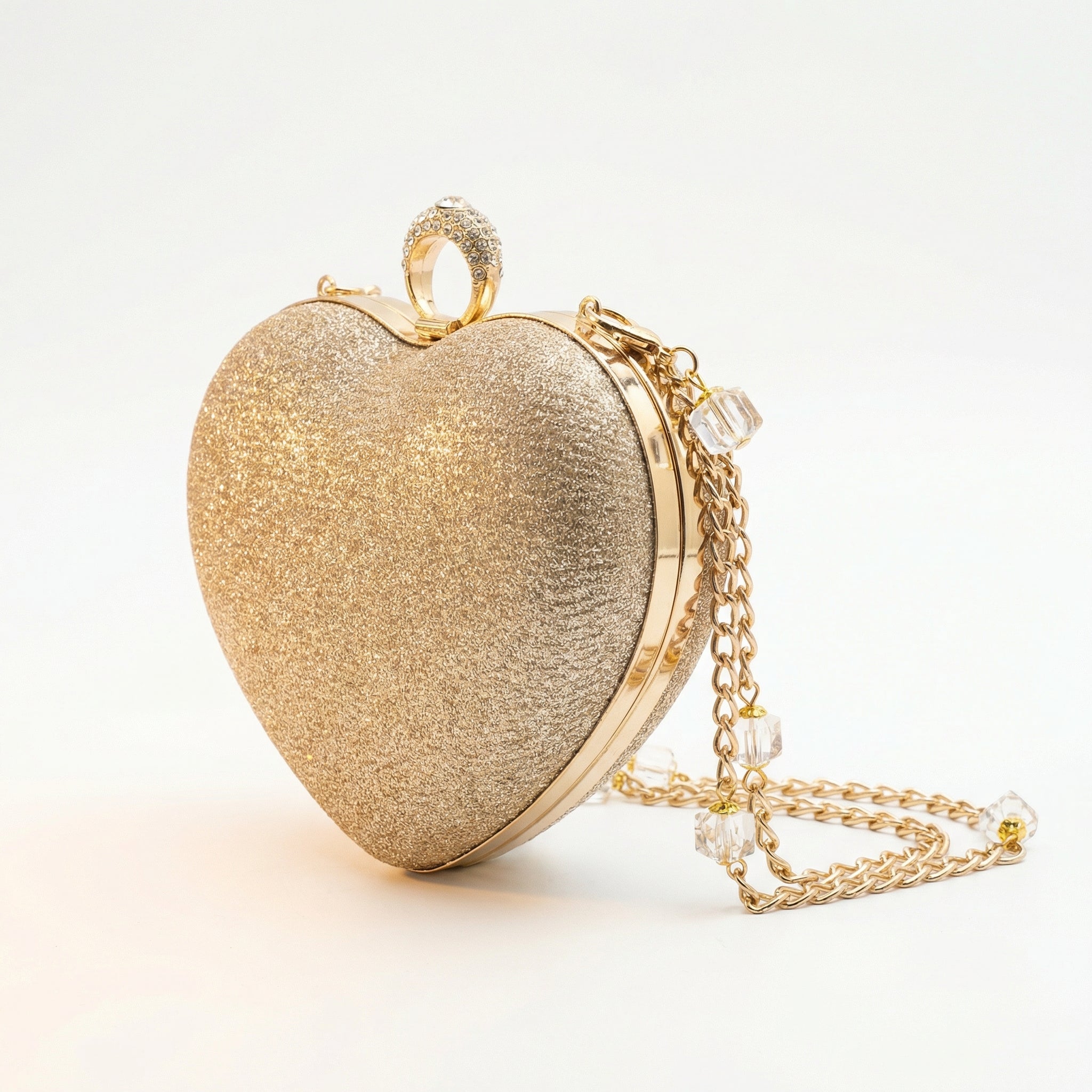Gold Glitter Heart Shaped Clutch Purse for Women — Evening Bag with Crystal Chain Strap