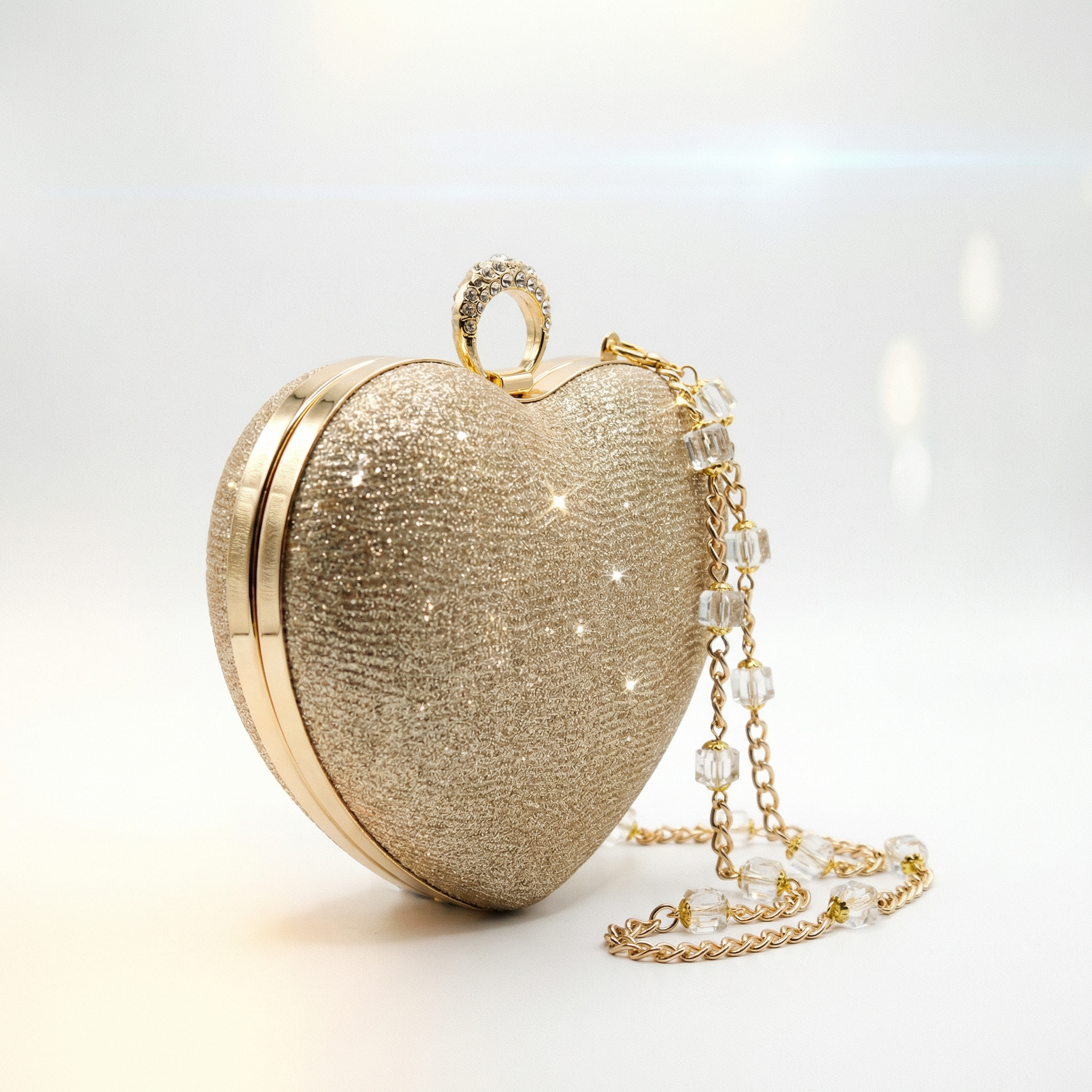 Gold Glitter Heart Shaped Clutch Purse for Women — Evening Bag with Crystal Chain Strap