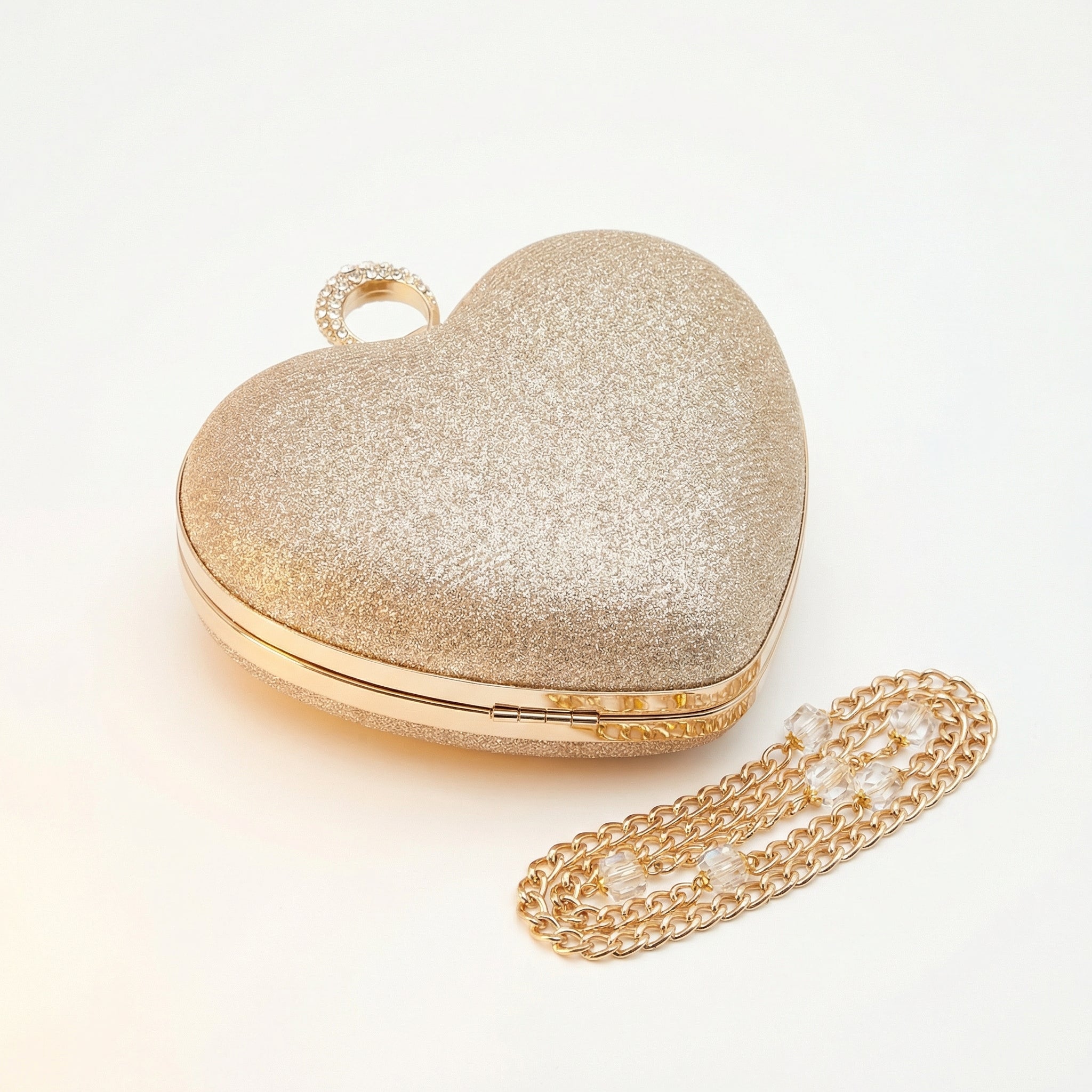 Gold Glitter Heart Shaped Clutch Purse for Women — Evening Bag with Crystal Chain Strap