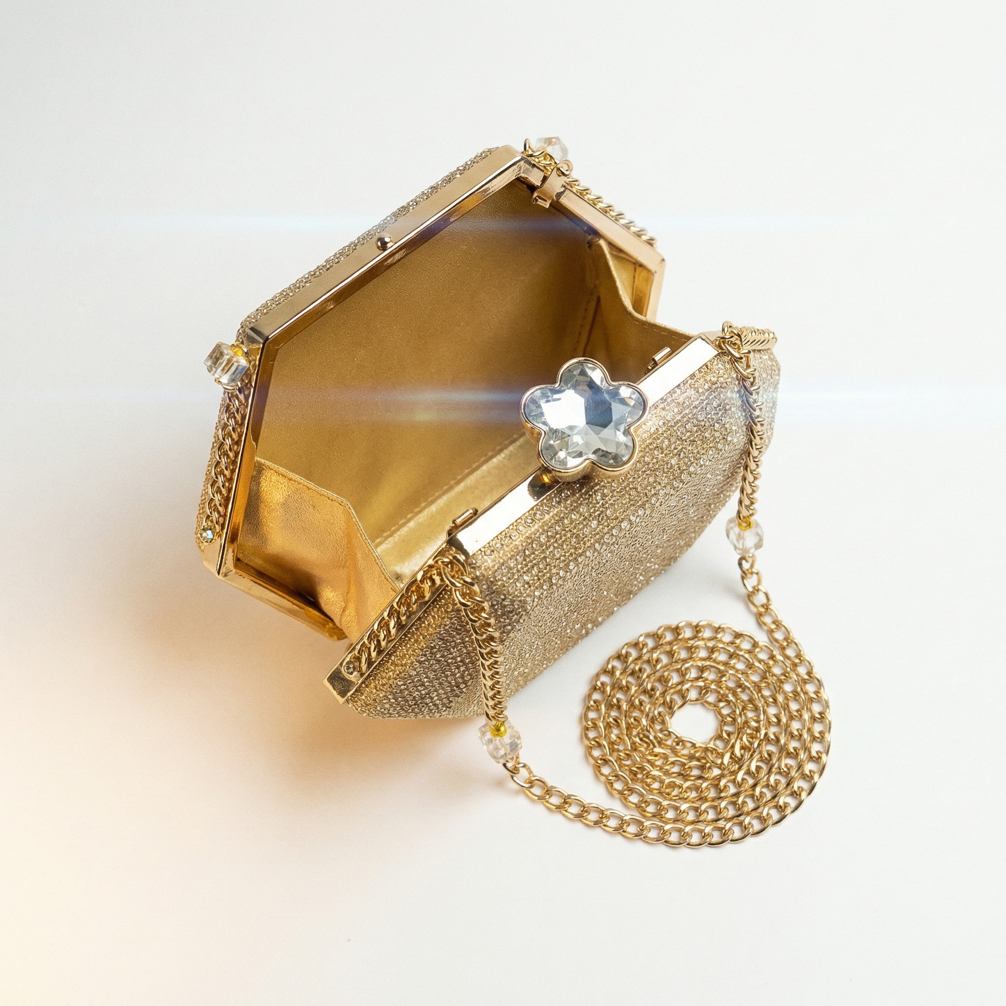 Gold Glitter Hexagon Clutch Purse for Women — Evening Bag with Crystal Gemstone Clasp