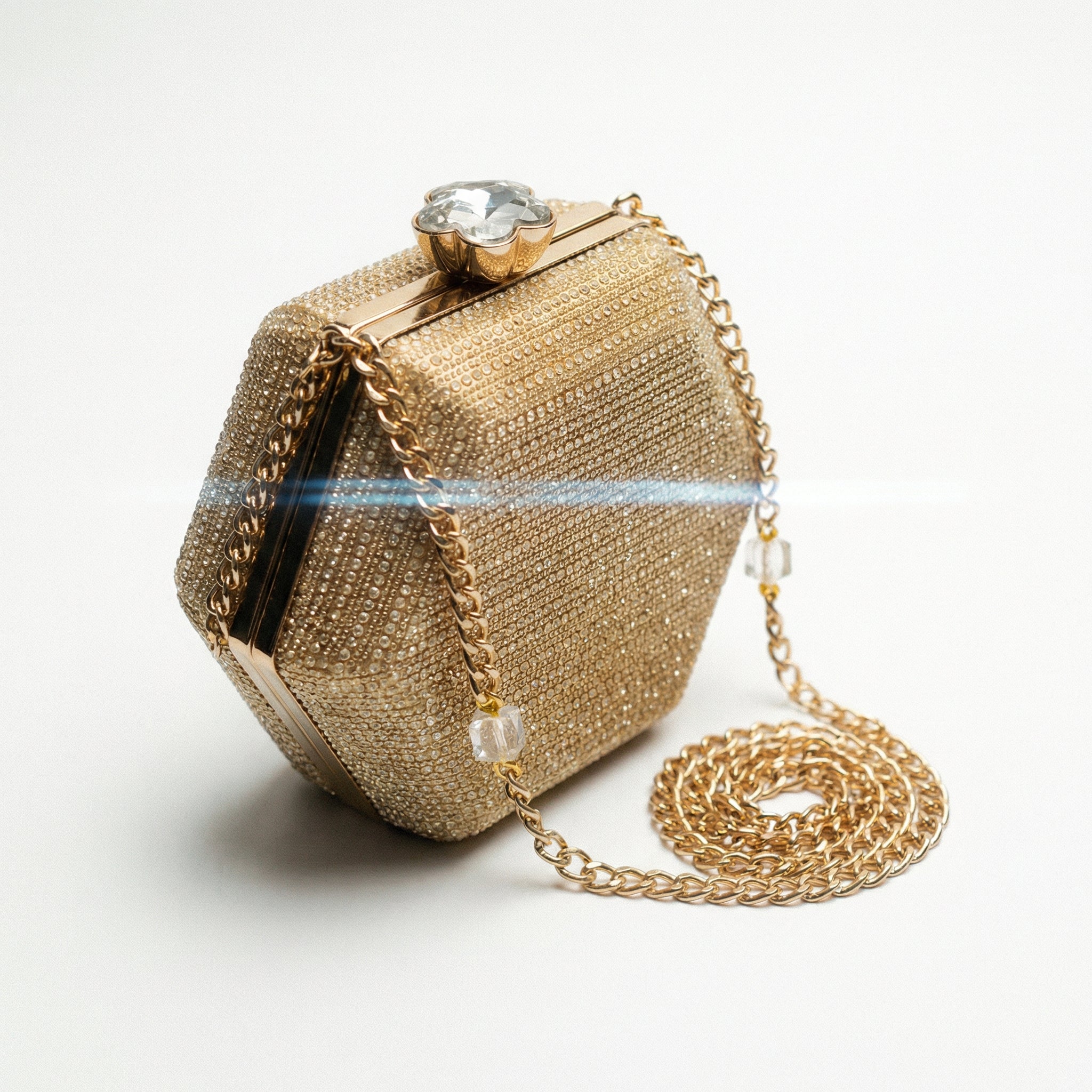 Gold Glitter Hexagon Clutch Purse for Women — Evening Bag with Crystal Gemstone Clasp