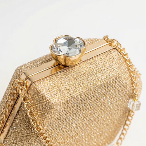 Gold Glitter Hexagon Clutch Purse for Women — Evening Bag with Crystal Gemstone Clasp