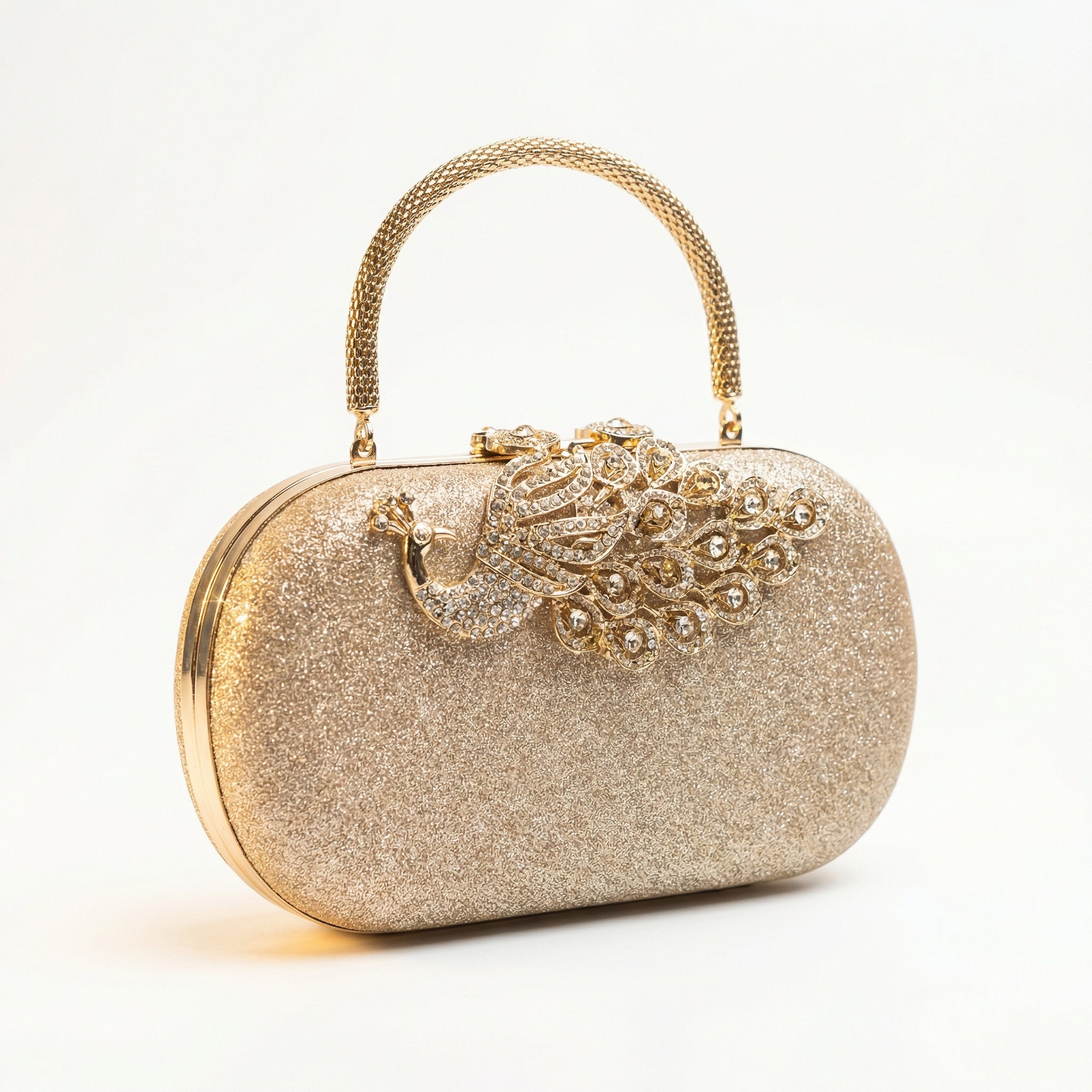 Gold Glitter Oval Capsule Clutch Purse for Women — Rhinestone Peacock Clasp Evening Bag