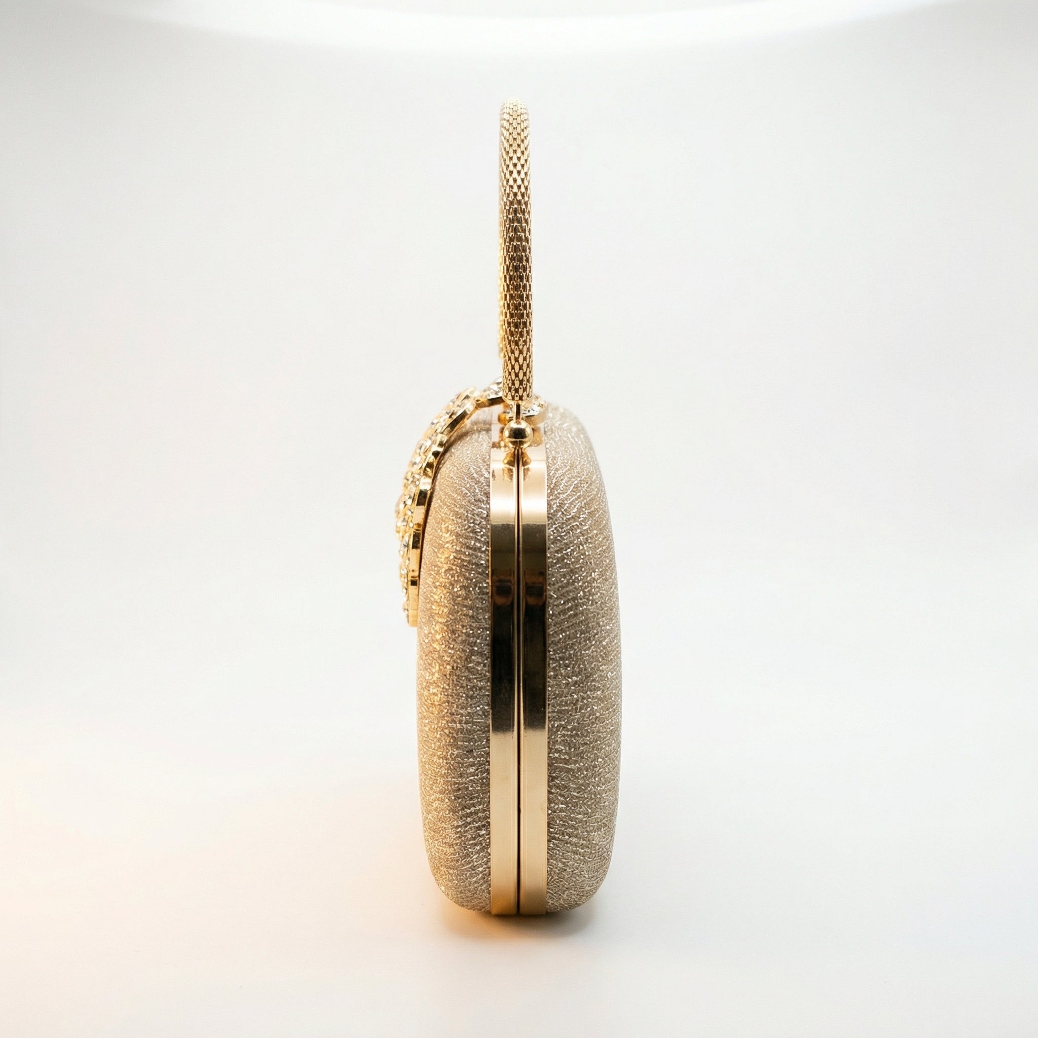 Gold Glitter Oval Capsule Clutch Purse for Women — Rhinestone Peacock Clasp Evening Bag