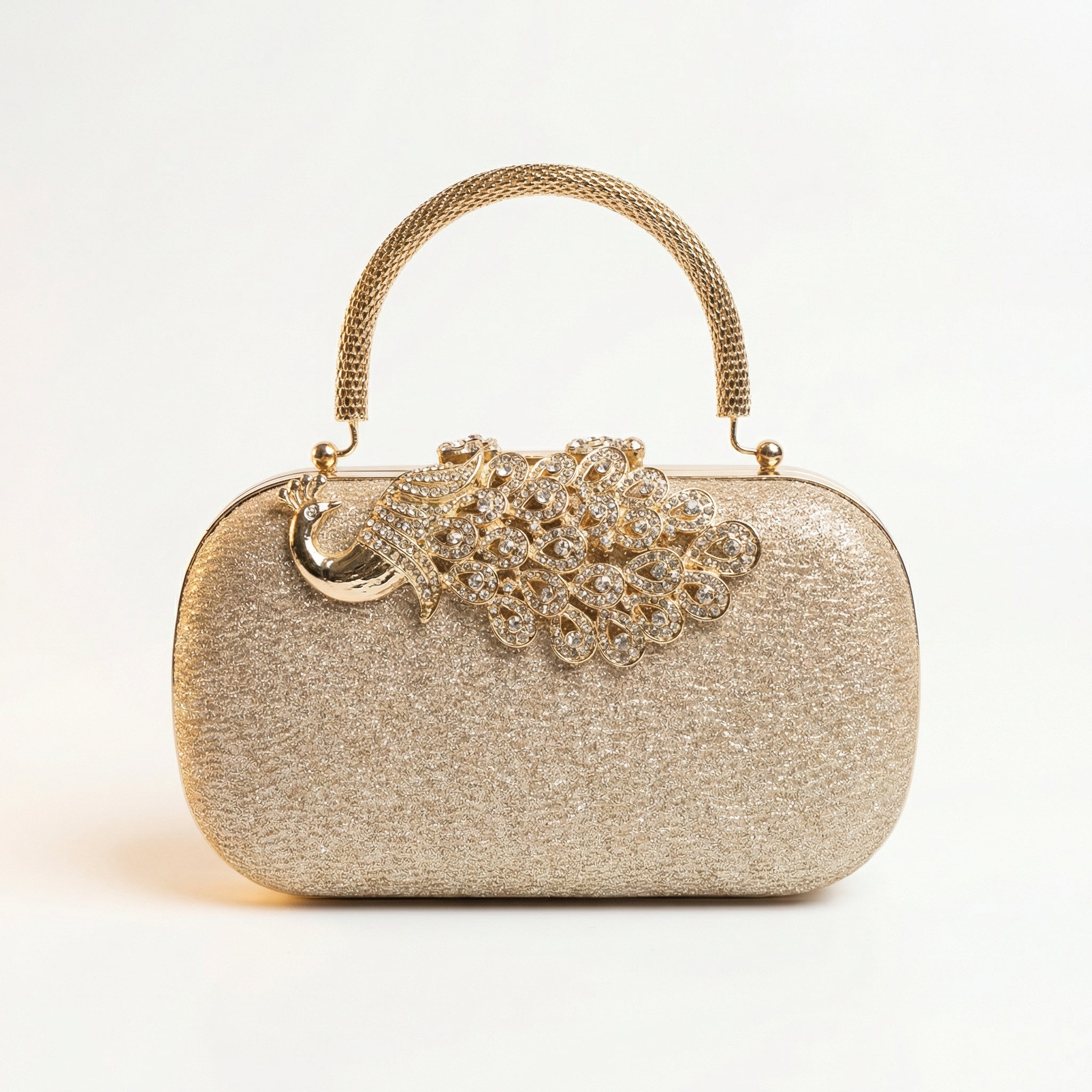 Gold Glitter Oval Capsule Clutch Purse for Women — Rhinestone Peacock Clasp Evening Bag
