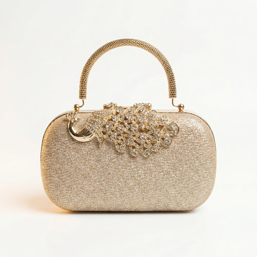 Gold Glitter Oval Capsule Clutch Purse for Women — Rhinestone Peacock Clasp Evening Bag