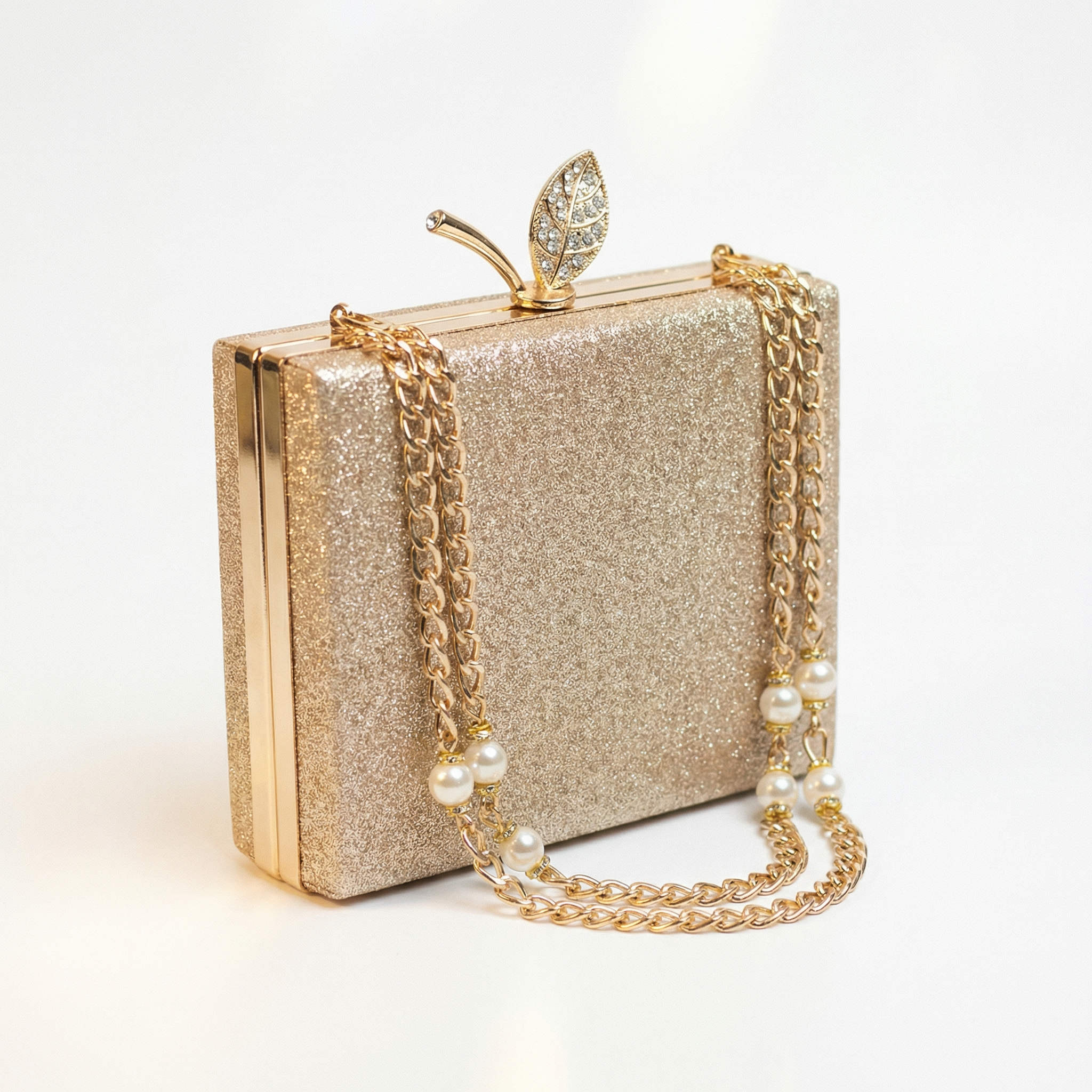 Gold Glitter Square Box Clutch Purse for Women — Pearl Chain Strap Evening Bag