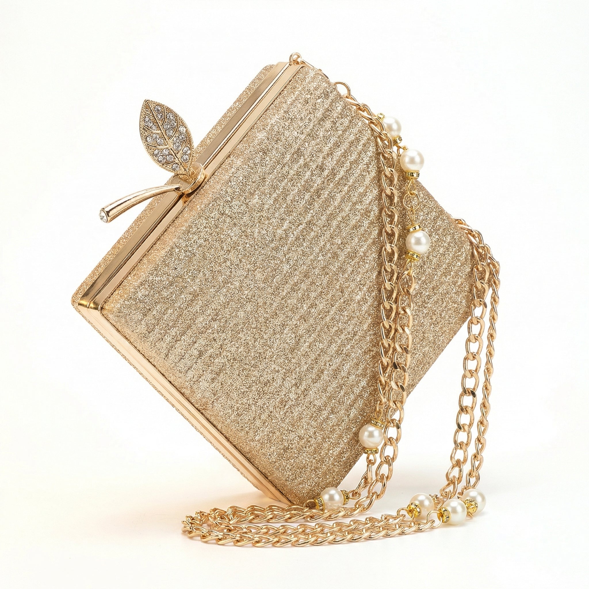 Gold Glitter Square Box Clutch Purse for Women — Pearl Chain Strap Evening Bag