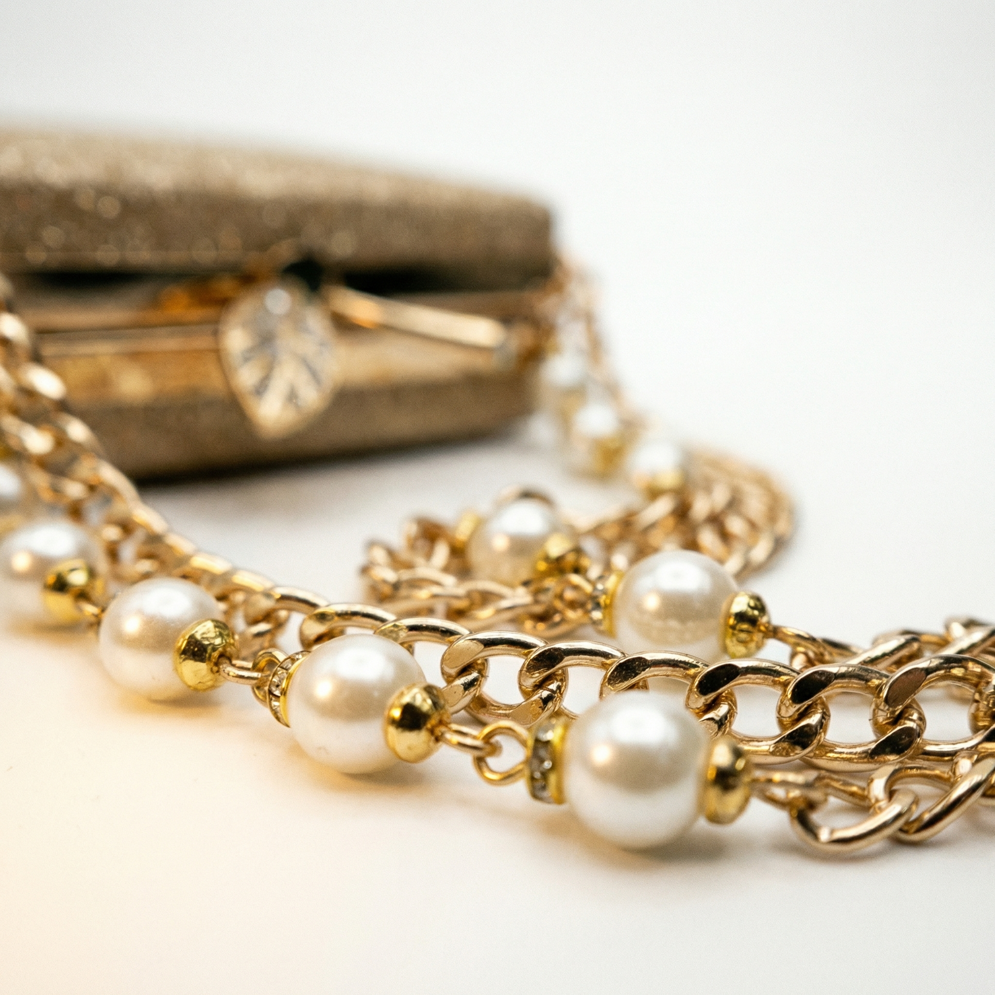 Gold Glitter Square Box Clutch Purse for Women — Pearl Chain Strap Evening Bag