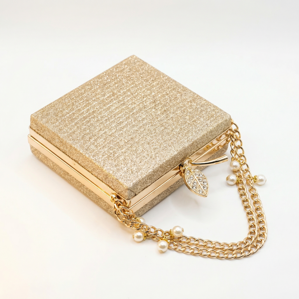 Gold Glitter Square Box Clutch Purse for Women
